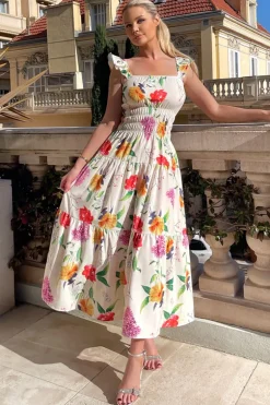 Cream Floral Printed Frill Strap Midi Dress