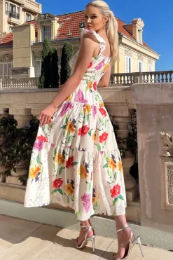 Cream Floral Printed Frill Strap Midi Dress