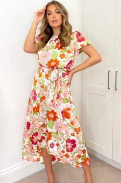 Cream Floral Printed Puff Sleeve Tie Waist Midi Dress
