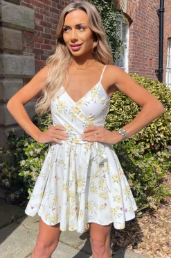 Cream Floral Printed Strappy Wrap Top Belted Mini Dress