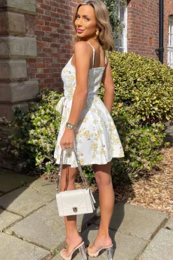 Cream Floral Printed Strappy Wrap Top Belted Mini Dress