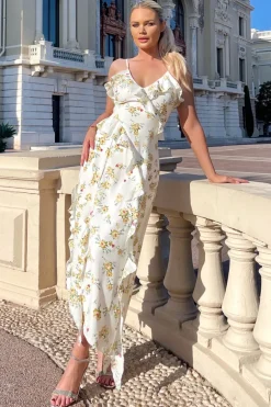 Cream Floral Printed Strappy Frill Hem Midi Dress