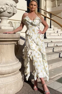 Cream Floral Printed Strappy Frill Hem Midi Dress