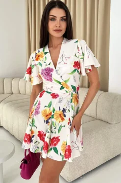 Cream Floral Printed Wrap Top Skater Dress