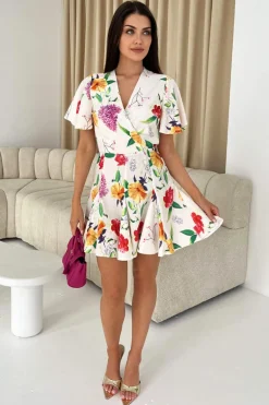 Cream Floral Printed Wrap Top Skater Dress