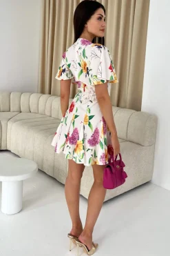 Cream Floral Printed Wrap Top Skater Dress