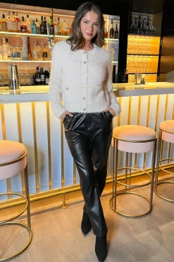 Cream Fluffy Knit Gold Button Cardigan