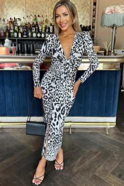 Cream Leopard Print Long Sleeve V Neck Knot Drape Midi Dress