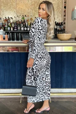 Cream Leopard Print Long Sleeve V Neck Knot Drape Midi Dress