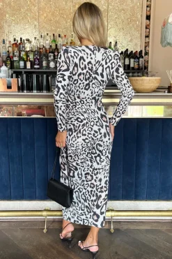 Cream Leopard Print Long Sleeve V Neck Knot Drape Midi Dress