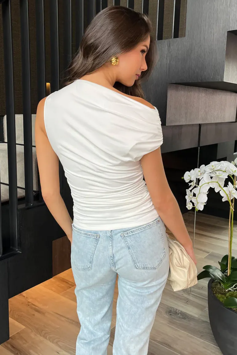 Cream Off The Shoulder Ruched Waist Draped Top