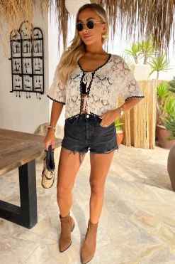 Cream Open Crochet Contrast Hem Short Sleeve Tie Front Top