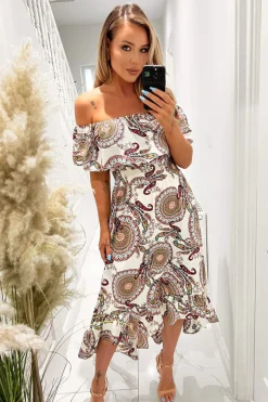 Cream Paisley Printed Bardot Style Midi Dress