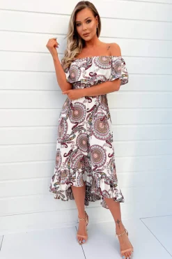 Cream Paisley Printed Bardot Style Midi Dress