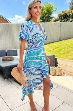 Cream Paisley Printed Butterfly Sleeve Wrap Over Midi Dress