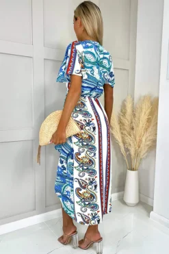 Cream Paisley Printed Butterfly Sleeve Wrap Over Midi Dress