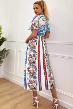 Cream Paisley Printed Butterfly Sleeve Wrap Over Midi Dress