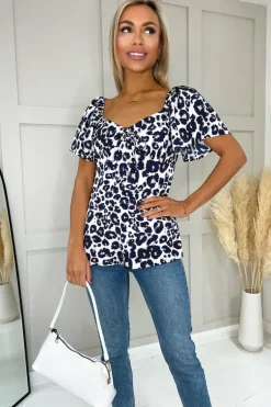 Cream Pink And Navy Animal Print Top