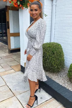 Cream Printed Asymmetric Hem Midi Dress