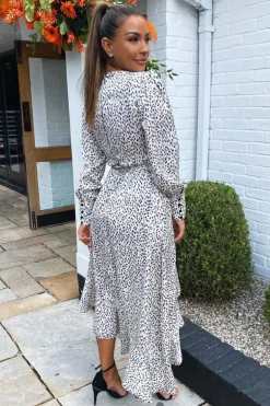 Cream Printed Asymmetric Hem Midi Dress