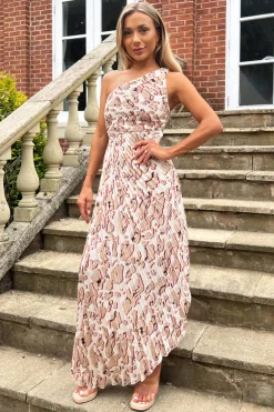 Cream Printed One Shoulder Pleated Midi Dress