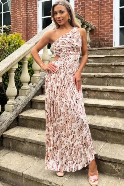 Cream Printed One Shoulder Pleated Midi Dress