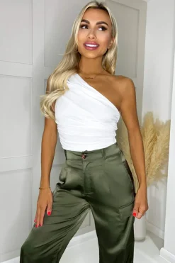 Cream Ruched One Shoulder Bodysuit