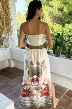 Cream Safari Print Strapless Shirred Waist Side Split Midi Dress