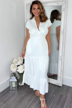 Cream Short Sleeved V-Neck Midi Smock Dress