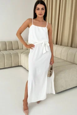 Cream Tie Waist Strappy Split Leg Midi Dress