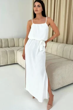 Cream Tie Waist Strappy Split Leg Midi Dress