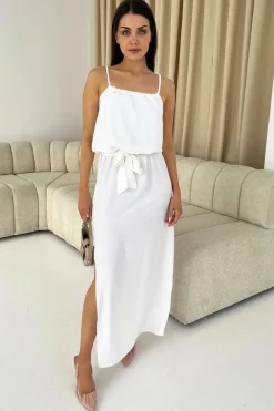 Cream Tie Waist Strappy Split Leg Midi Dress