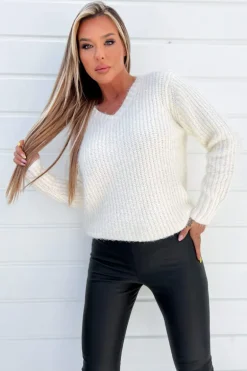Cream V-Neck Chenille Knit Jumper
