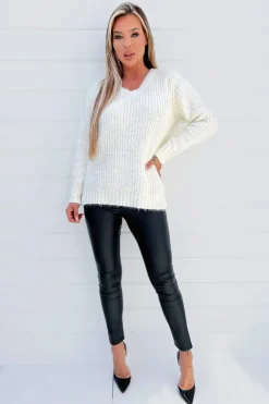 Cream V-Neck Chenille Knit Jumper