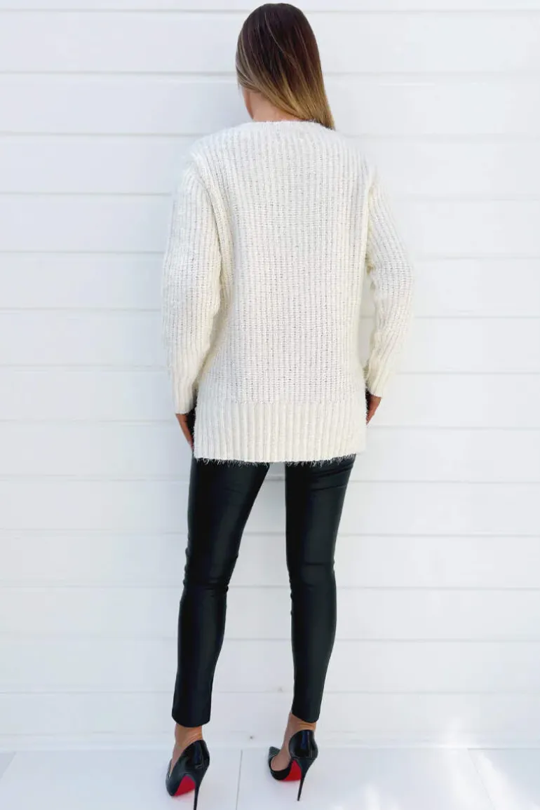Cream V-Neck Chenille Knit Jumper