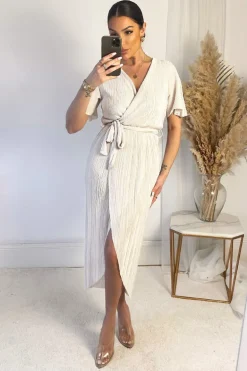 Cream Wrap Top Belted Short Sleeve Plisse Midi Dress