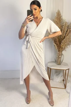 Cream Wrap Top Belted Short Sleeve Plisse Midi Dress