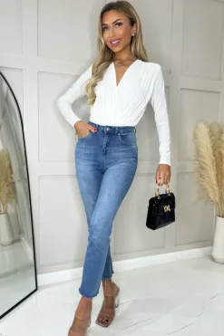Cream Wrap Top Long Sleeve Slinky Bodysuit