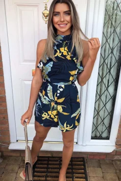 Cut Out Floral Printed Playsuit