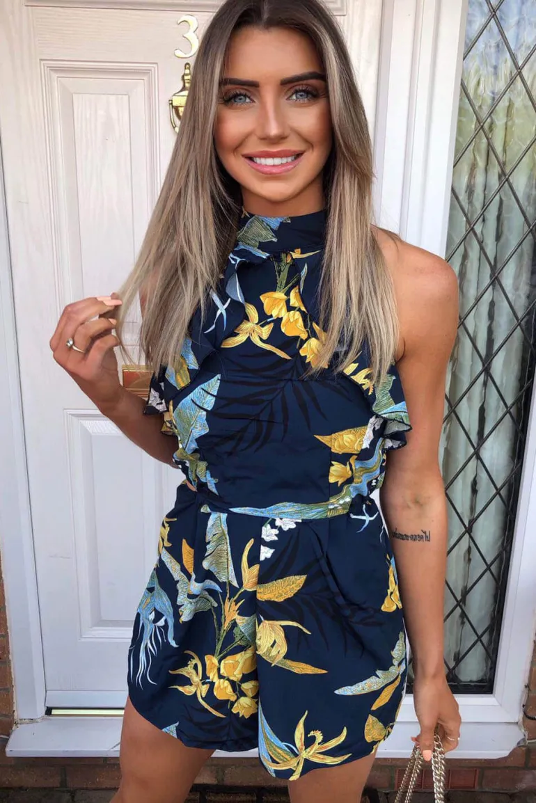 Cut Out Floral Printed Playsuit
