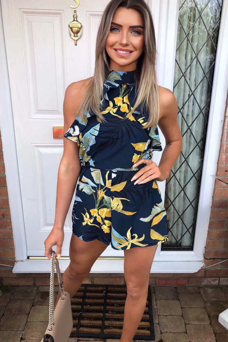 Cut Out Floral Printed Playsuit