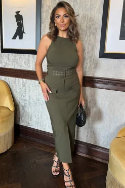 Dark Khaki Round Neck Belted Bodycon Cargo Midi Dress