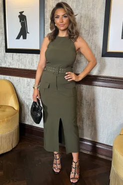 Dark Khaki Round Neck Belted Bodycon Cargo Midi Dress