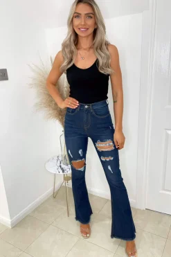 Dark Wash Ripped Flared Jeans