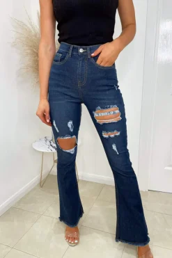 Dark Wash Ripped Flared Jeans