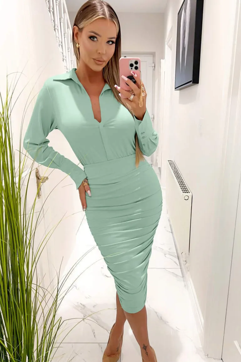 Duck Egg Bodycon Long Sleeve Shirt Dress