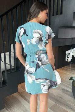 Duck Egg Floral Print Flutter Sleeve Gathered Side Mini Dress