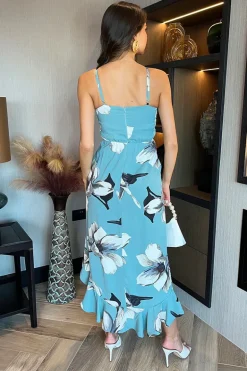 Duck Egg Floral Print Racer Neck High Low Frill Hem Midi Dress