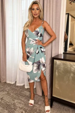 Duck Egg Floral Print Strappy Wrap Top Gathered Skirt Midi Dress