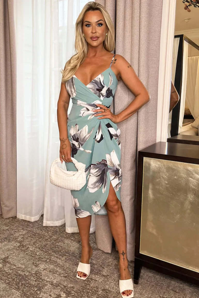 Duck Egg Floral Print Strappy Wrap Top Gathered Skirt Midi Dress